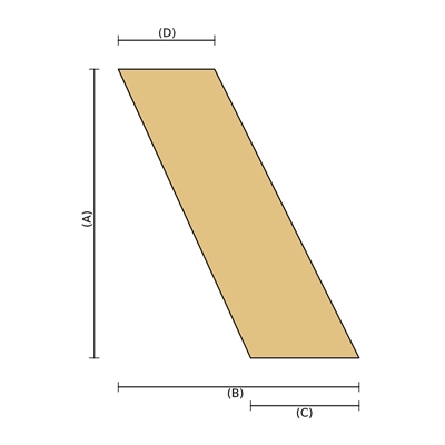 Ljusbrun parallelogramformad skiva med måttstreck märkta A, B, C och D
